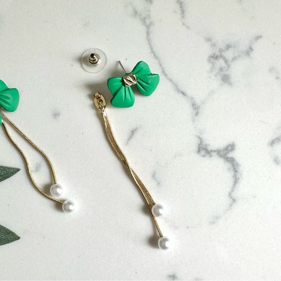 2/$30🌵 Green Bow Earrings Gold Pearl Tassel Fringe Fairy Kawaii Jewelry NEW - Picture 10 of 11